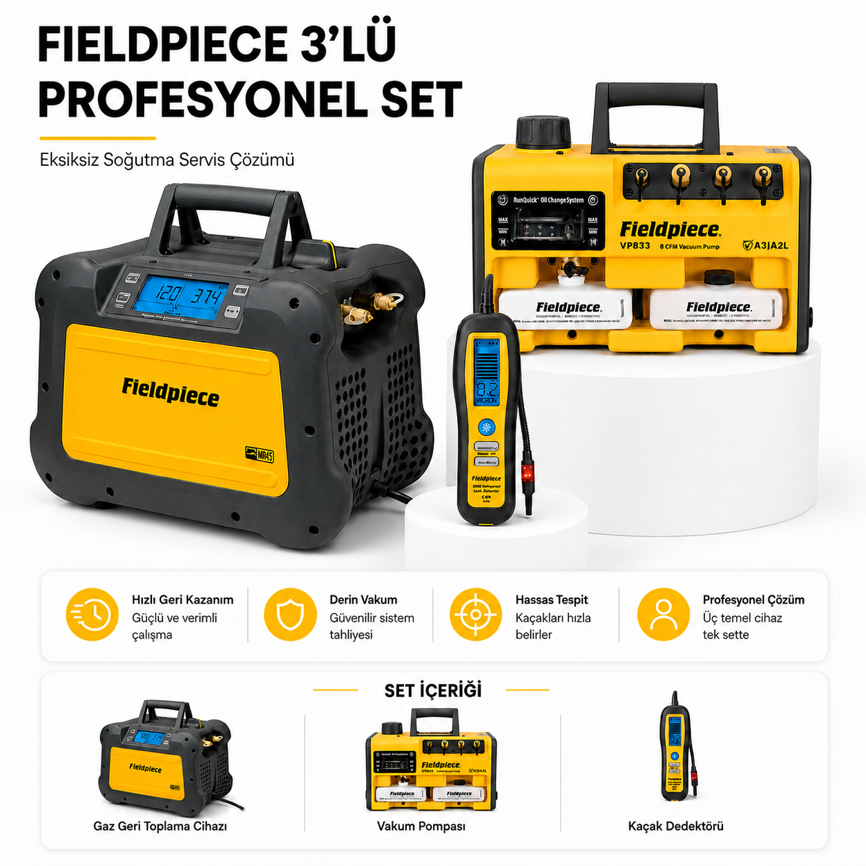 Fieldpiece 3'lü Set (Gaz Geri Toplama Cihazı + Vakum Pompası + Kaçak Dedektörü)