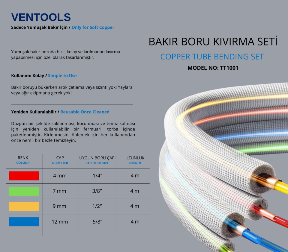 Ventools  TT1001  Bakır Boru Kıvırma Seti, 4 çap